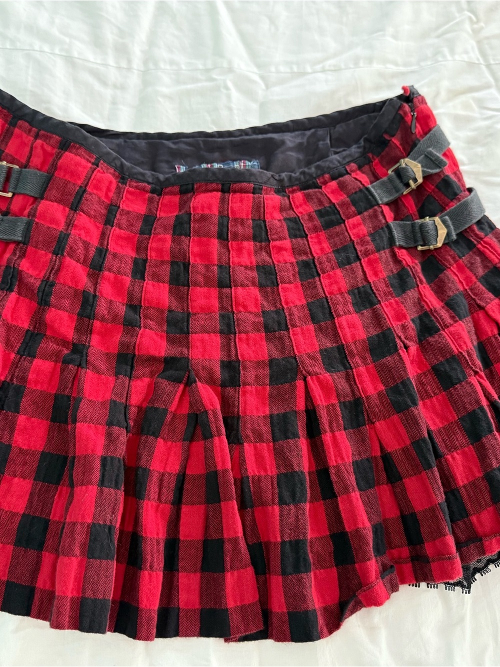 Free People Red and Black Plaid Pleated Mini Skirt with Buckle Straps